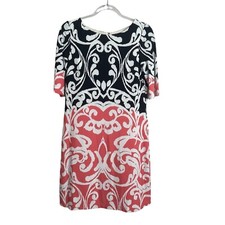 Eliza J Black White Orange Short Sleeve Floral Exposed Zipper Sheath Dress Sz 8