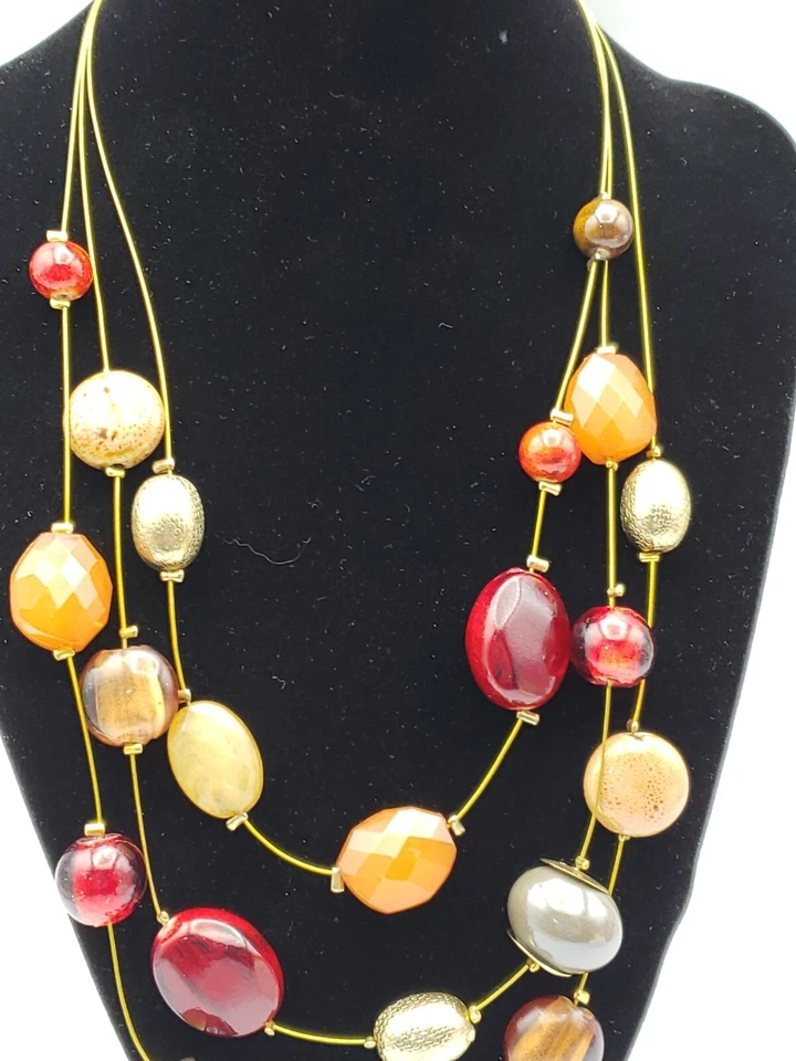 Three Wire Strand Necklace Beaded Gold Deep Red Amber Metal Stone Ceramic Bead - Image 3 of 4