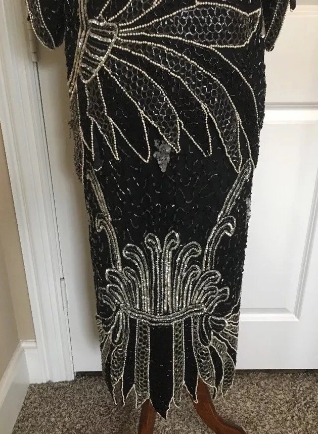 Linsiano Womens Vintage Medium Silk Black Silver Sequins Beads Pearls VLV Formal - Image 3 of 4