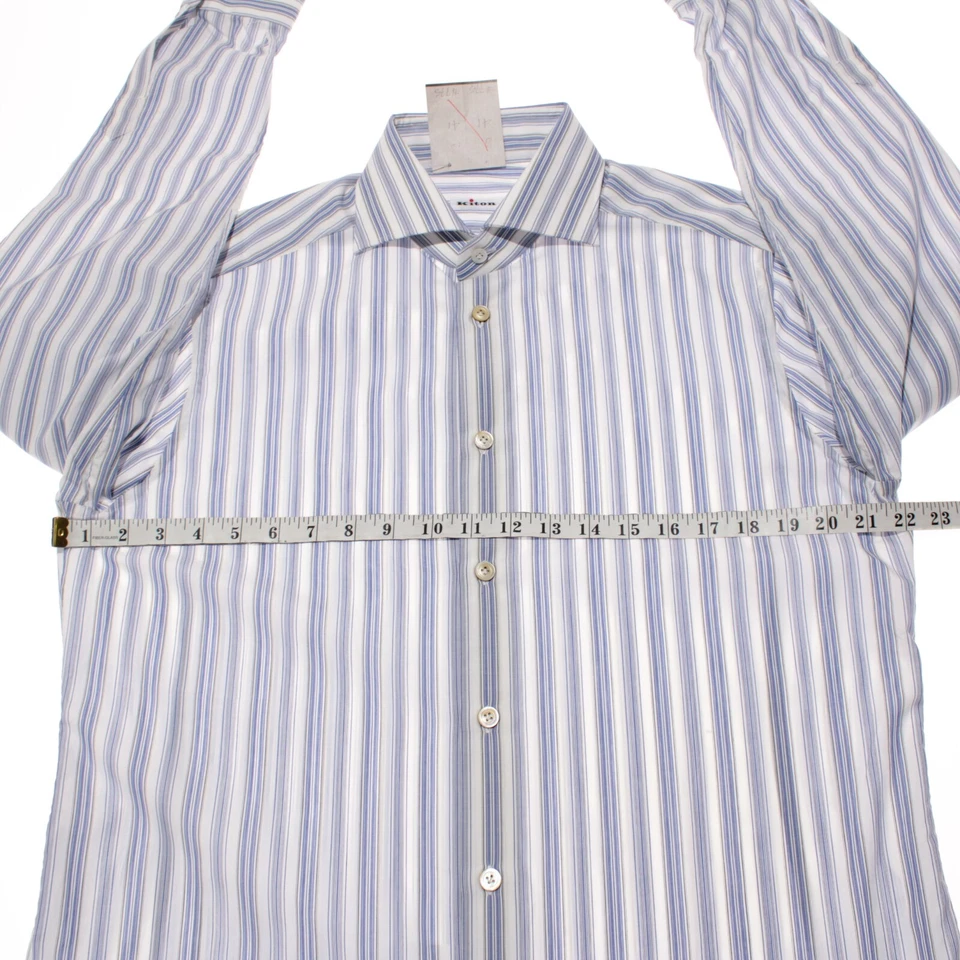 Camisa social Kiton nova sem etiquetas tamanho 41 16 em listras azuis/brancas/pretas 100% algodão - Imagem 4 de 4