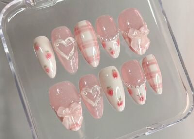 Dreamy Pink Nails, Strawberry Design, 3D Bow & Heart Nail Art Gift