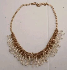 Clear Taper Lucite Beaded Layered Fringe Gold Tone Necklace 16-18"