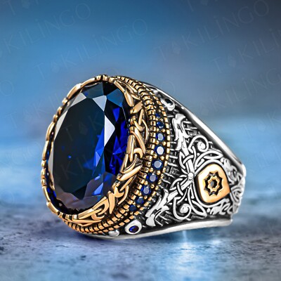 925 Sterling Silver Blue Created Sapphire Stone Luxury Ring for men