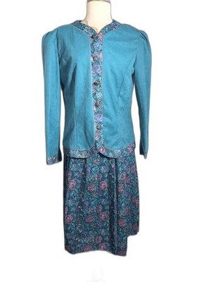 Another Thyme Skirt Set Size 14 80's Vintage English Garden Rich Teal Floral