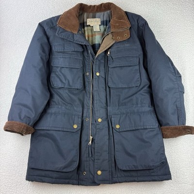 St Johns Bay Coat Size Mens Med Blue Plaid Flannel Lined Insulated 80's Barn VTG