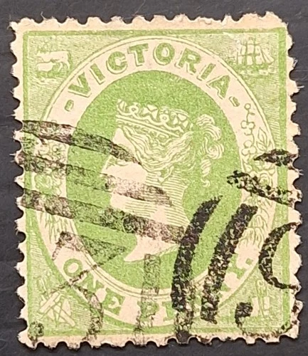 1859 Victoria Australia 1d Yllw Green Emblem stamp No WMK P12 used Cat £21.00.