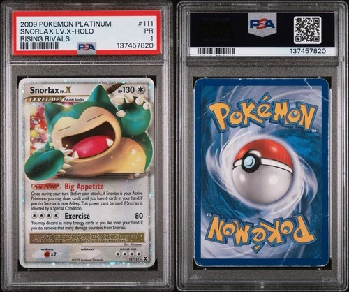Swirled PSA 1 Pokemon Snorlax Lv.X Rising Rivals Holo Ultra Rare #111 • POP 13