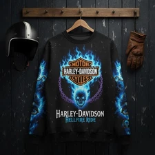 Harley-Davidson Long Sleeve Sweater Shirt 3D Old School Ghost Rider Hell Fire