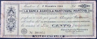 B124 Original Scheck Banca Agricola Mantovana Italien 1.12.1944 Bankscheck