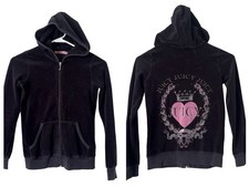 VTG Juicy Couture J Zip Hoodie Jacket Black Velour Loungewear Y2K USA XS / Jr 12
