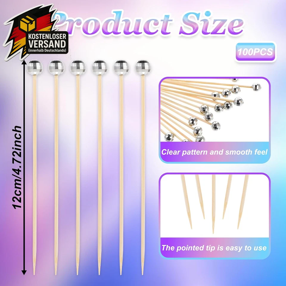 Holz Cocktailspieße Silber Discokugel 12cm Fingerfood Schaschlik Obst Party Deko - Bild 4 von 4