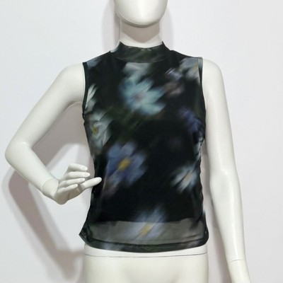 Rag & Bone Size M Retro Blue Floral Mesh Smock neck Midi Crop Top Msrp
