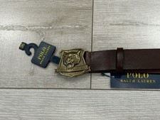 Men 36 NEW POLO RALPH LAUREN TIGER Plaque Buckle Brown Leather Belt