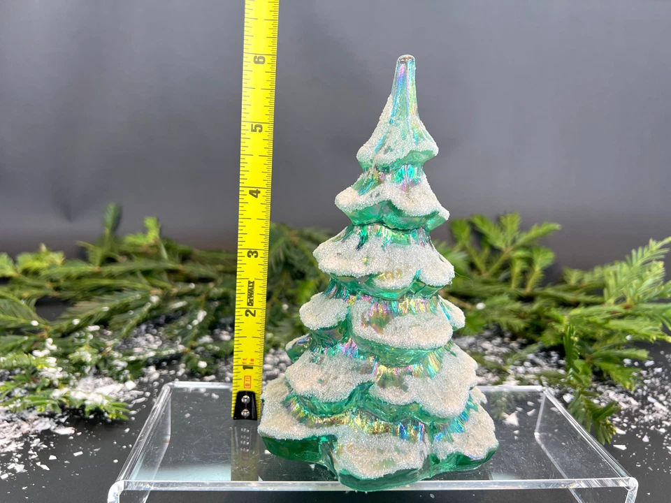Vintage Fenton Aqua Blue Iridescent Glass Flocked Christmas Tree 6.25” - image 2 of 4