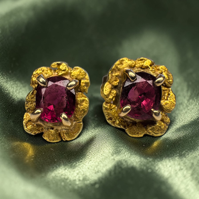 #ad ANTIQUE 14K Gold Natural Ruby Earrings 22k Gold Alaskan Gold Nugget Studs 1.2g $899.00