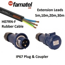 Famatel 16A 240V 3 Pin IP67 H07 Rubber Extension Leads 5m,10m,20m,30m
