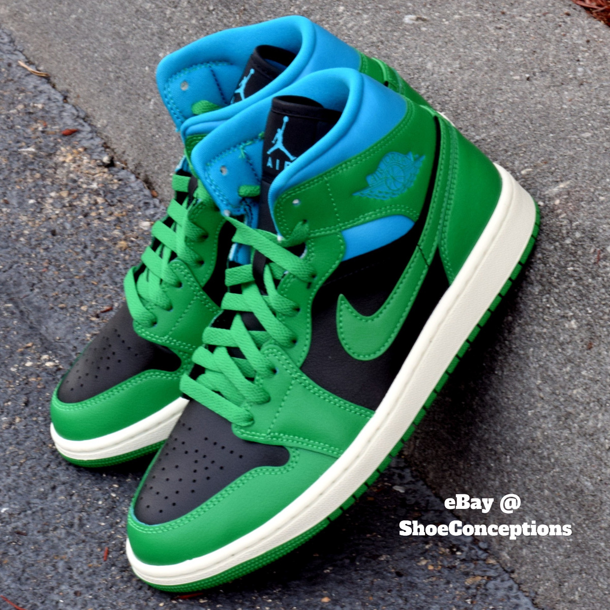 Nike Air Jordan 1 Mid Shoes Black Lucky Green Aquatone BQ6472-033 ...