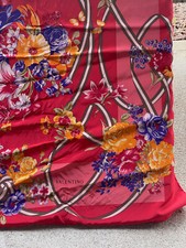 Vintage Valentino Italy Red Silk Floral Pattern Square Scarf 34" Handrolled Edge