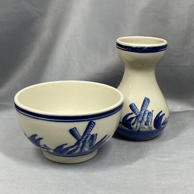 Blue And White Delft Hyacinth Bulb Vase And Bowl Windmill Boat