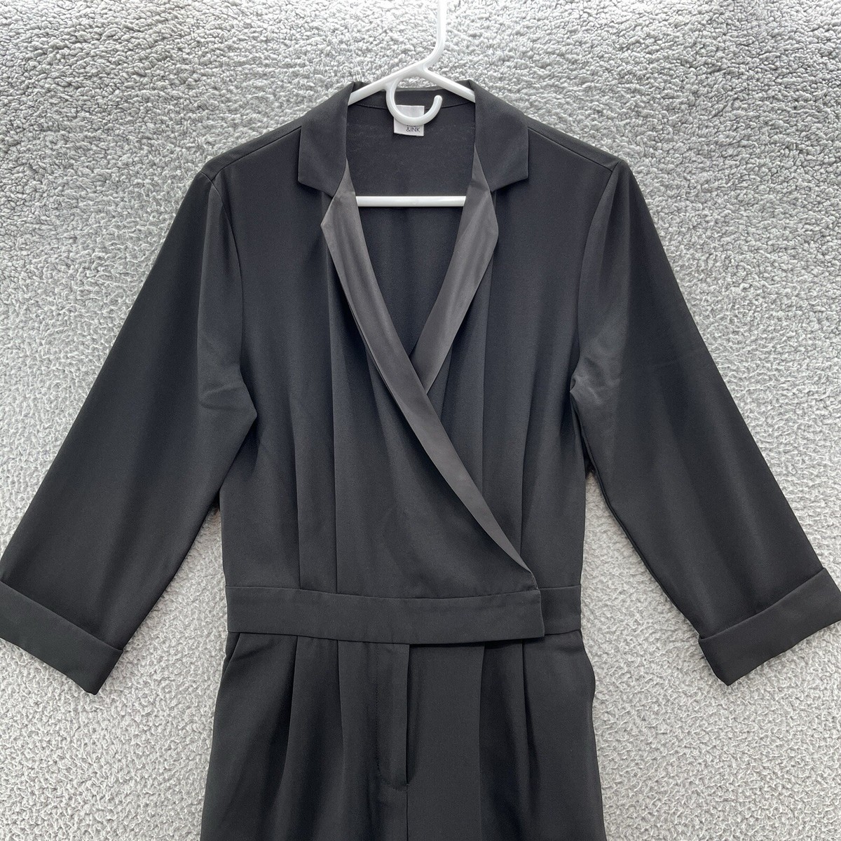 Iris Ink Jumpsuit Women 10 Black Liberty Tuxedo Wrap Satin Trim