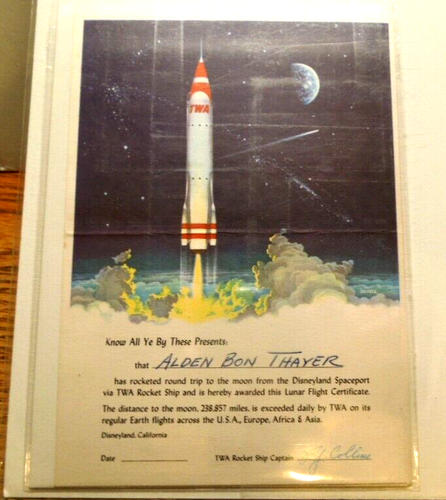 Original Disneyland 1955 TWA Rakete zum Mond Mond Flug Zertifikat