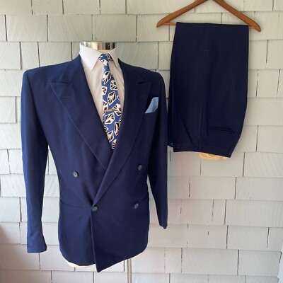 40sVintage Bond Clothes Navy Blue 4-Button Double Breasted 2pc Mens Suit  Size 44