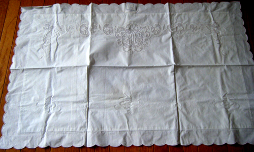 NOS Vtg Madeira Set bed sheet 2 shams 2 pillow case lace &applique monogram RMB - Picture 4 of 19