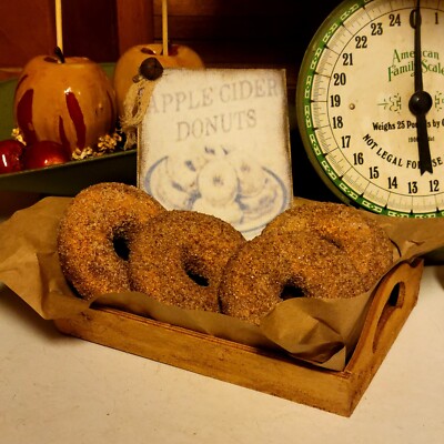 Primitive Farmhouse Faux Halloween Fall Cider Mill Cinnamon Sugar Donuts & Sign 