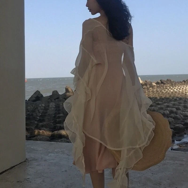 Women Chiffon Outwear Cardigan Kimono Flare Sleeve Tops Ruffle Summer Beach - Image 4 of 4