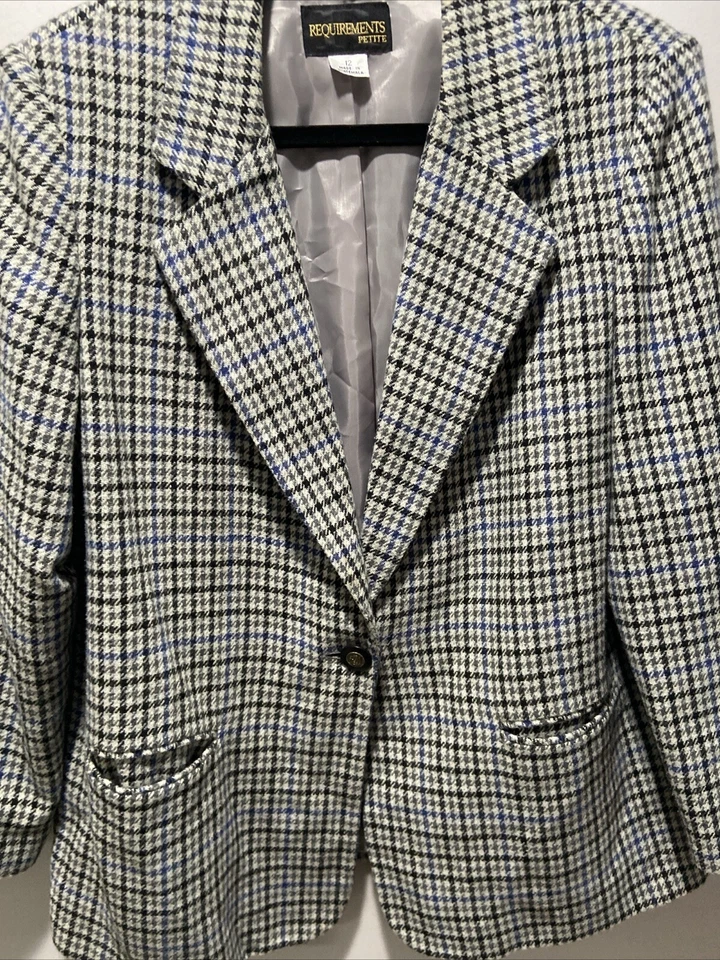 Requisitos Blazer clásico vintage Gris Azul Pata de gallo Mezcla de lana Talla 12P Foto 2 de 4