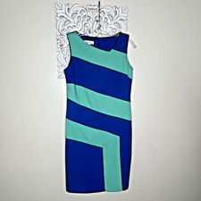 DRESSBARN Women's size 6 Sheath DRESS Sleeveless Stretch Color Block BLUE GREEN