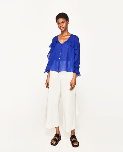 ZARA Ramie Bluse Langarm Rüschen & Schleife Rosa/Kobalt Neu (UVP 43€) Oberteil XS+; S+ - Bild 4 von 14
