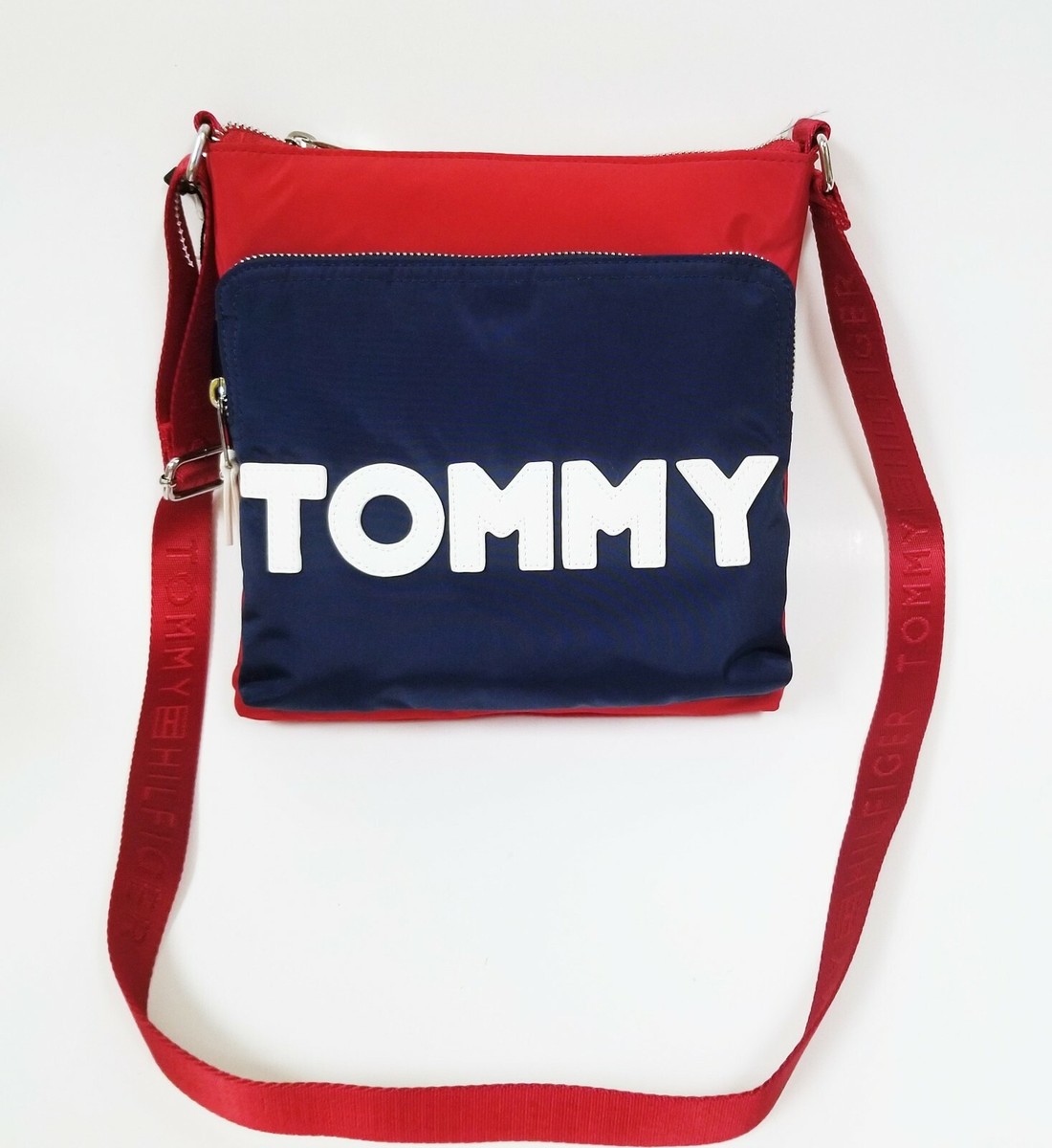 NEW TOMMY HILFIGER RED+BLUE NYLON,DOUBLE SILVER ZIPPER,LOGO