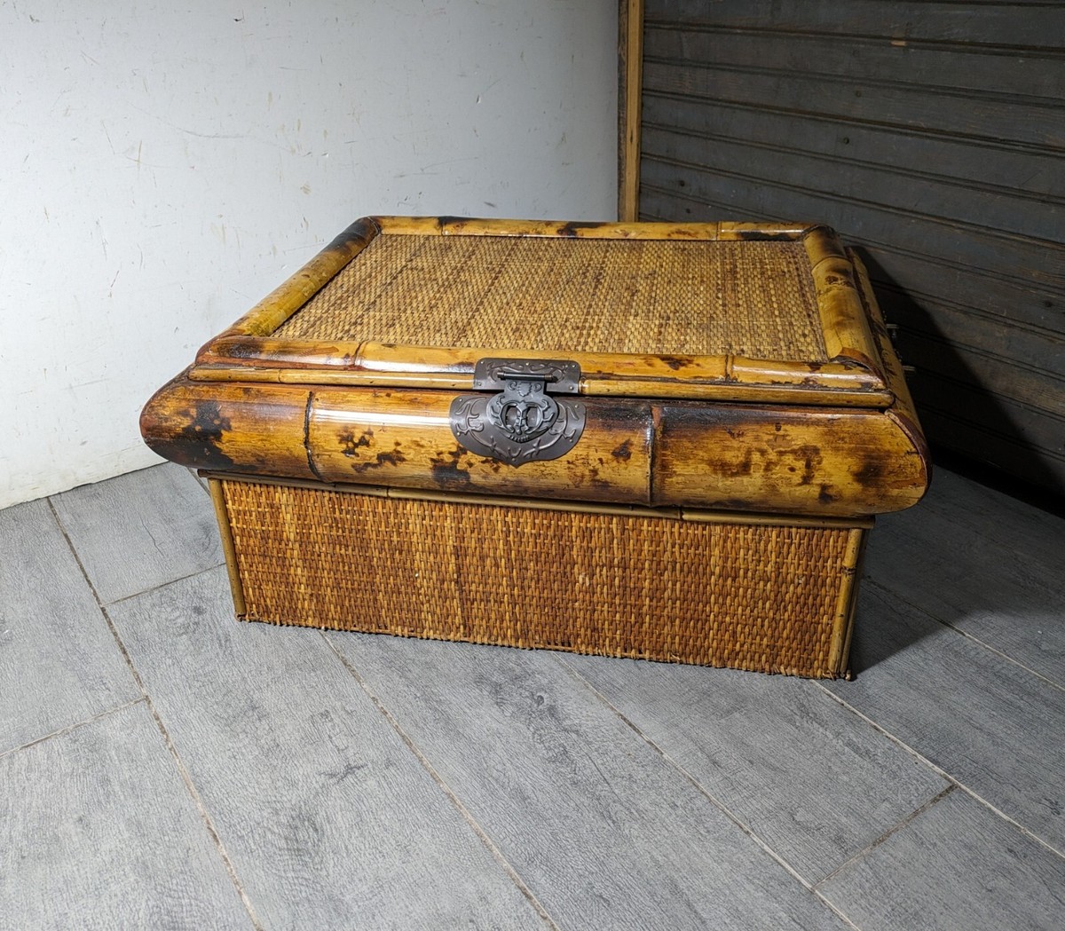 Vintage Asian Boho Chic Burnt Bamboo Wicker Rattan Chest Trunk Box