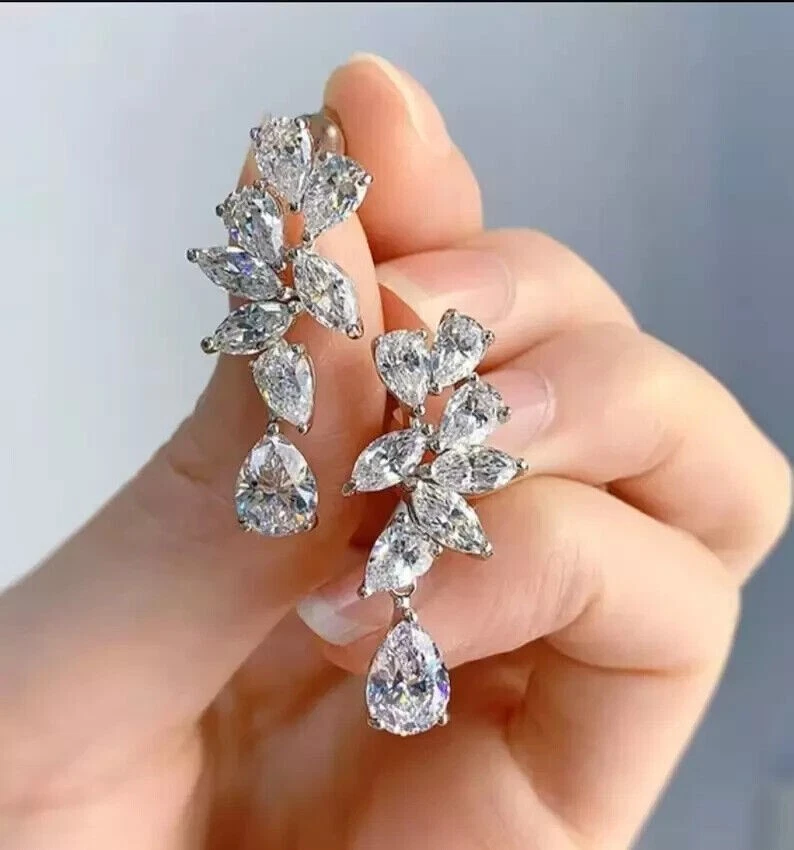 Pear Cut Simulated Diamond 925 Silver Drop/Dangle Earrings 14k White Gold Plated - Image 3 of 4