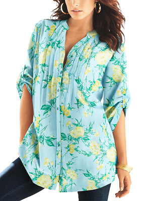 Roamans Tunic Shirt Blouse Top GREEN Floral Print Pintucked Plus Size 24 to  42 UK