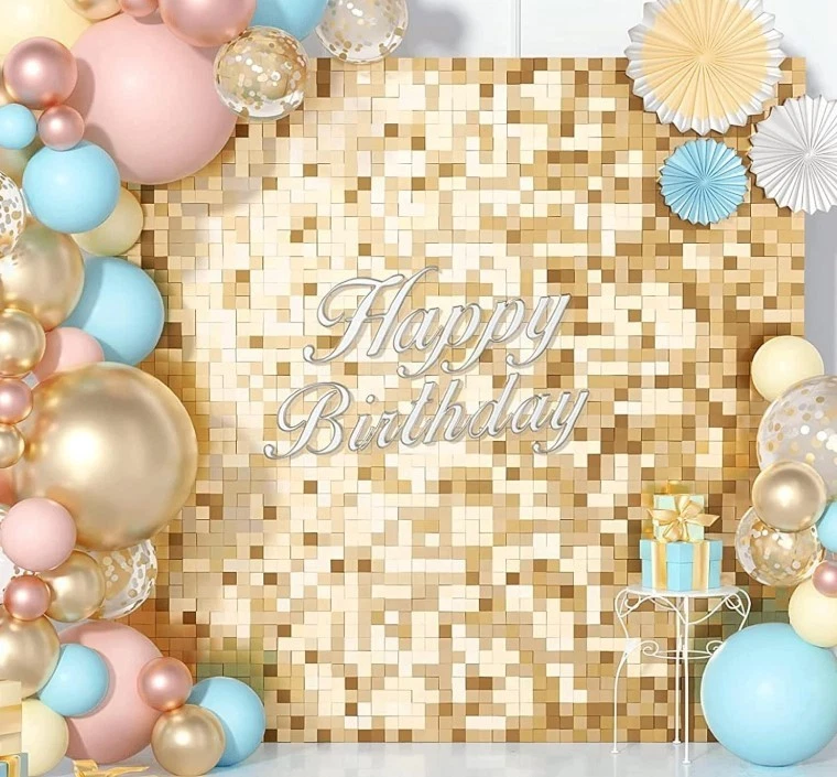 Paquete de 30 paneles de pared con telón de fondo dorado de lentejuelas brillantes decoración de fiesta de cumpleaños para boda Foto 3 de 3