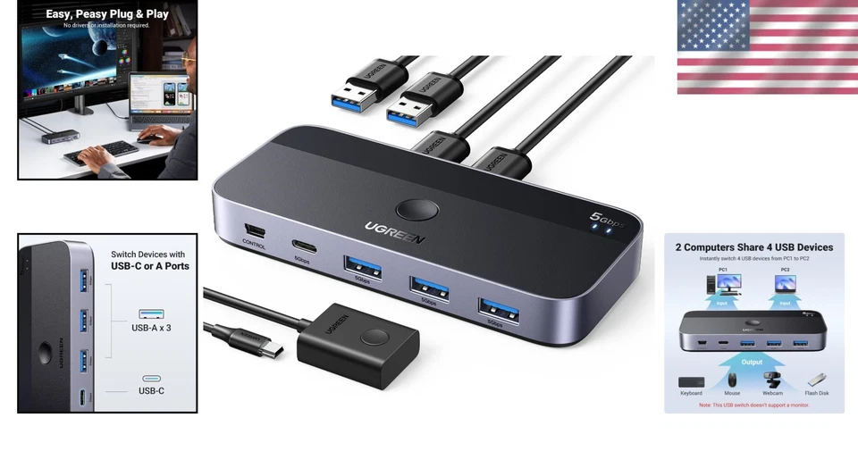 USB Switch for Two Computers, 5Gbps Transfer - Image 2 of 4