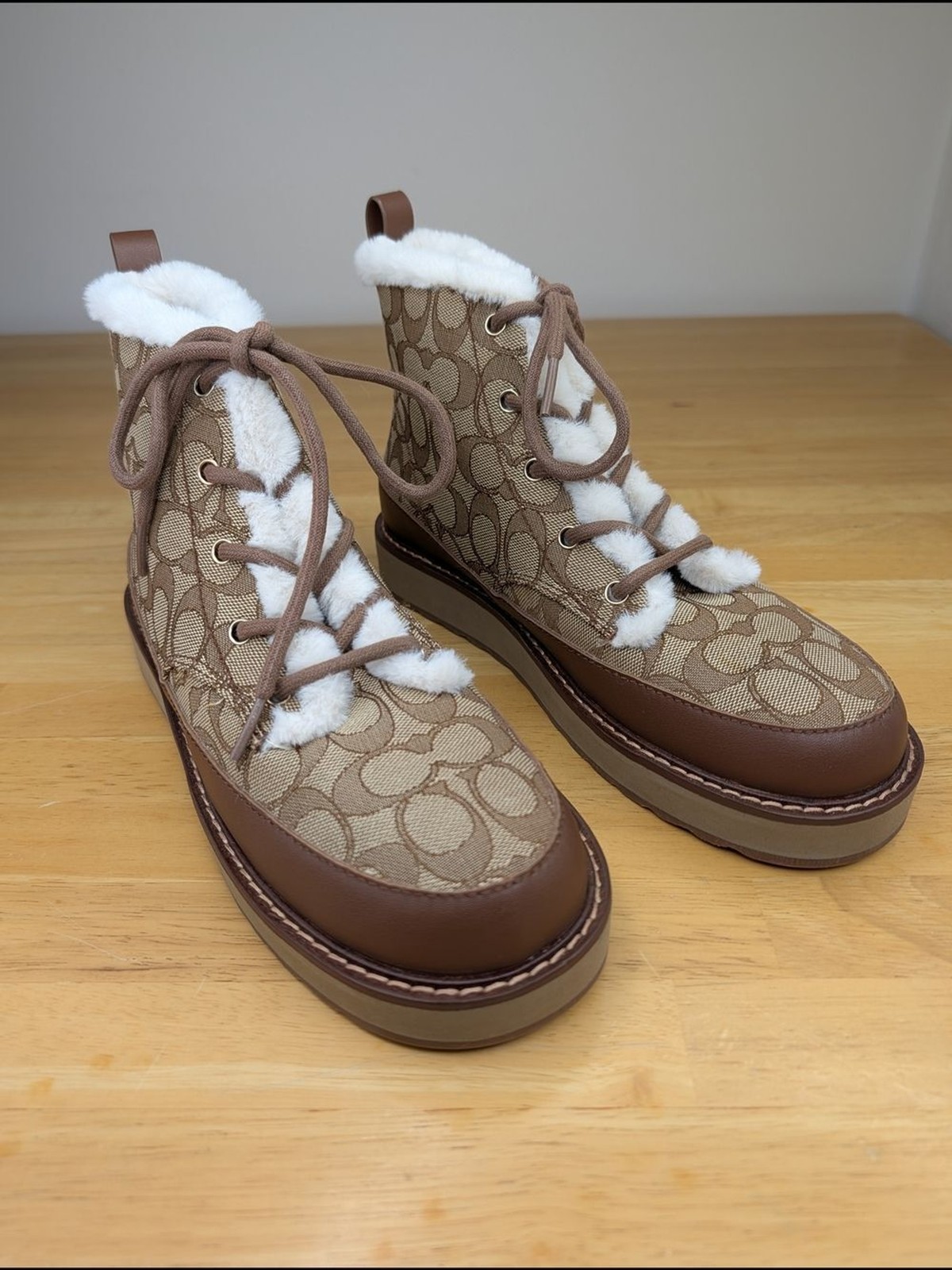 Coach Imani Signature Jacquard Canvas Shearling-Lined Ankle Boots Brown Size 9.5 image 2