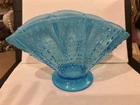 FENTON Blue Opalescent Hobnail Crumped Fan Vase Ruffled 9” width, 5.5” height