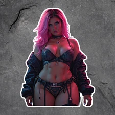 Pinup girl sticker vinyl decal neon cyberpunk lingerie pink hair dark fantasy