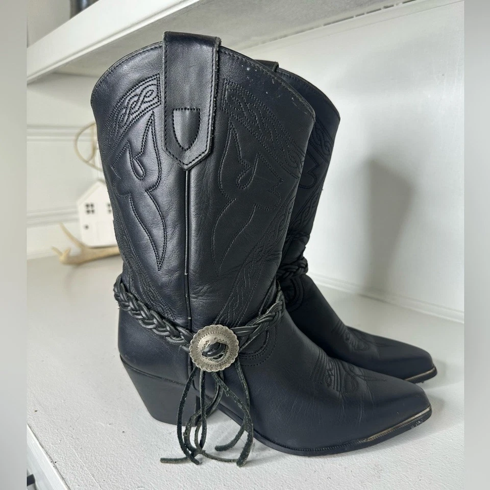 Oak Tree Farms Botas de Vaquero del Oeste de Cuero Negro Arnés Trenzado y Conchos 9 Foto 3 de 4