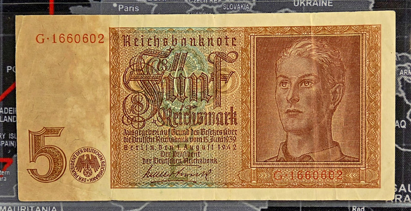 1942 Germany Reichsbanknote 5 Reichsmark Banknote World War 2 G.1660602