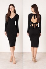 NWT Nookie Cleo Black Midi Dress XS Open Back Tie Bodycon Long Sleeve Cocktail