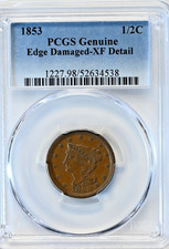 1853 Half Cent Braided Hair PCGS Genuine Edge Damaged XF Detail Coin #1227