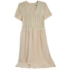 80s Vintage Cottage Core Midi Dress Crochet Vest Pastel Pink Gingham Prairie