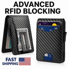 Slim RFID Blocking Wallet for Men Minimalist Carbon Fiber Bifold w/ Money Clip