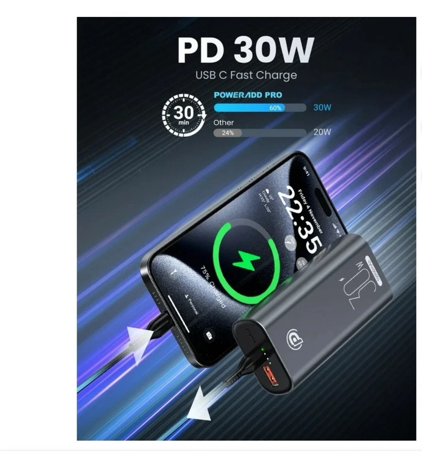 Cargador rápido portátil POWER ADD PRO 10000mAh pequeño banco de energía paquete de baterías 30W Foto 4 de 4