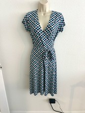 Leota Wrap Dress Womens S Blue Teal Dot Short Sleeve V-Neck Stretch Tie Waist