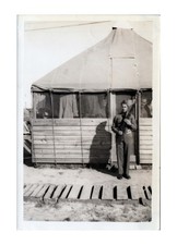 WW2 Era 1940s Soldier With Rifle Standing By Tent Military Photo